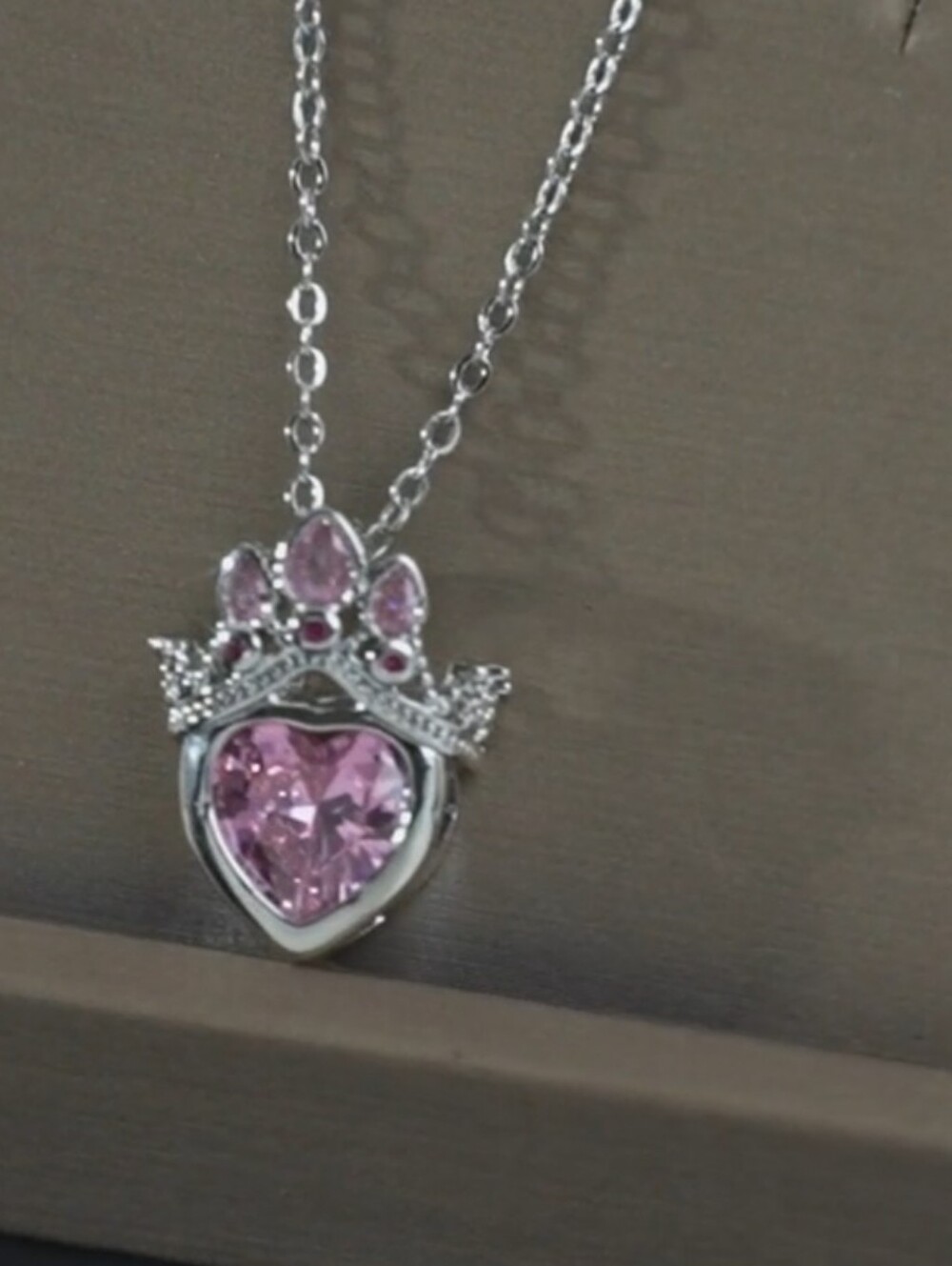 Elegant Pink Heart Crown Pendant Necklace  Silver-Tone CZ Jewelry